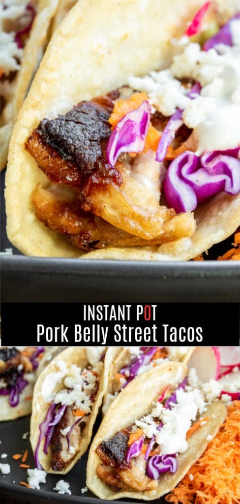 #ad Instant Pot Pork Belly Tacos are melt-in-your-mouth, tender braised pork belly, coated in a sweet and spicy sauce, served in a mini corn tortilla. They are the ultimate game day snack! Instant Pot Pork Belly Tacos coated in your favorite BBW sauce and served street taco style make a great appetizer for parties. #MissionSnackShowdown #gamedayrecipe #porkbelly #instantpot #pressurecooker #instantpotpork #pressurecookerrecipes #homemadeinterest @MissionFoodsUS