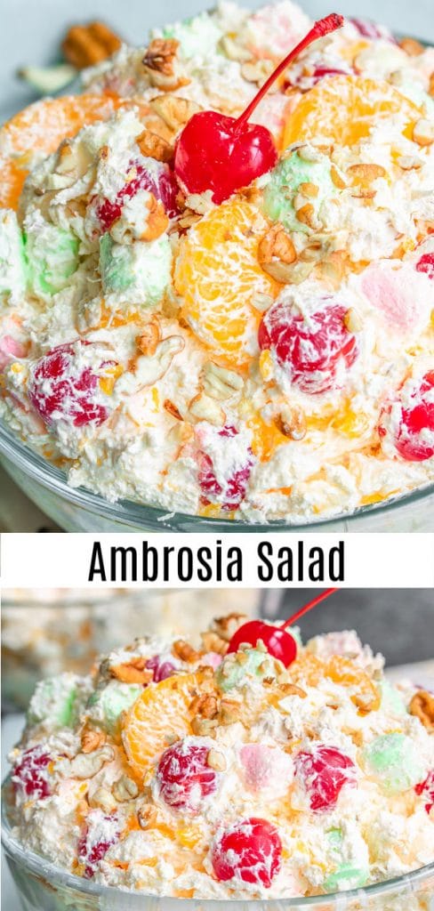 Light and fluffy Ambrosia Salad is a classic southern dessert made with Cool Whip and sour cream tossed with fruit, coconut and marshmallows. It's an easy, old-fashioned recipe for a delicious marshmallow fruit salad that can be served at Easter dinner, Mother's Day brunch, Thanksgiving dinner, or Christmas dinner. #ambrosia #marshmallows #easter #mothersday #fruitsalad #homemadeinterest