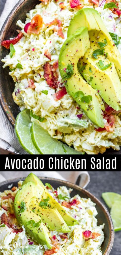 This easy Avocado Chicken Salad is a delicious, filling, low carb, keto lunch recipe made with chicken, bacon, onions, celery, and creamy avocado. You can even use leftover rotisserie chicken to make this low carb chicken salad. Store it in the fridge for a make ahead low carb recipe you can eat all week. #chickensalad #lowcarb #lowcarbrecipes #keto #ketorecipes #avocado #homemadeinterest