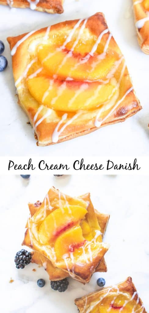 Peach Cream Cheese Danish are made with puff pastry, peach preserves, cream cheese, and fresh peach slices. They are a homemade danish recipe that is perfect for Easter brunch, Mother's Day brunch and breakfast the whole year round! #breakfast #brunch #easter #mothersday #peaches #danish #puffpastry #homemadeinterest