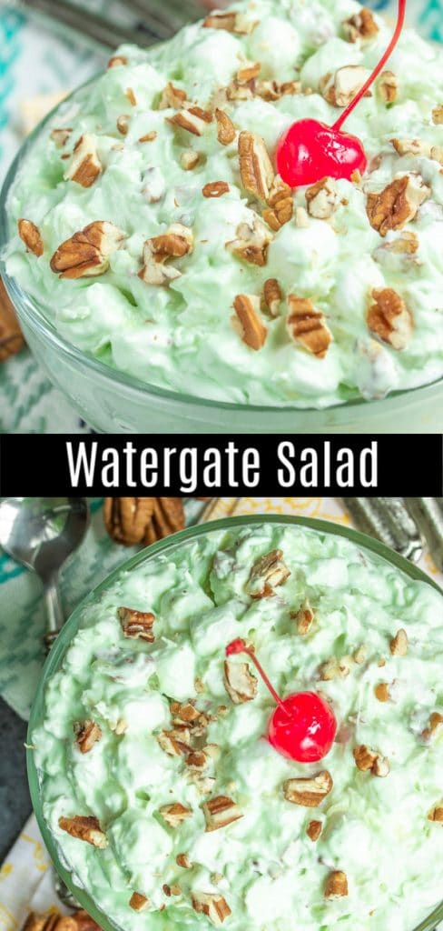 This easy Watergate Salad recipe is a deep south, classic recipe, made like the original with Cool Whip, pineapple, pistachio pudding, marshmallows, and chopped nuts. It's the best, make ahead dessert recipe and it's perfect for summer pot lucks and holiday dinners. Make it for Easter dinner, Thanksgiving dinner, or Christmas dinner. #easter #thanksgiving #christmas #pistachio #watergate #coolwhip #nobake #marshmallows
