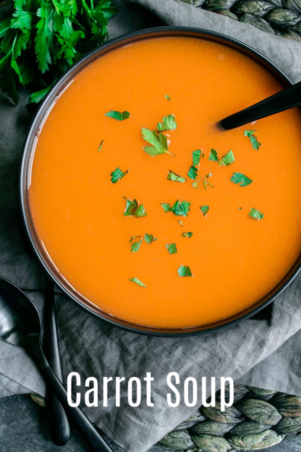 This easy Carrot Soup is a delicious, healthy, spring soup made with fresh carrots. You can make this using an Instant Pot or on your stove top. This carrot soup is dairy free, and if you use vegetable broth this can be a vegan soup. Serve this easy carrot soup as an Easter appetizer or as a part of your Easter dinner menu. #carrots #soup #spring #easter #instantpotrecipes #instantpot #pressurecooker #homemadeinterest