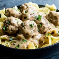 Egg Noodles topped with Easy swedish meatballs and sauce.