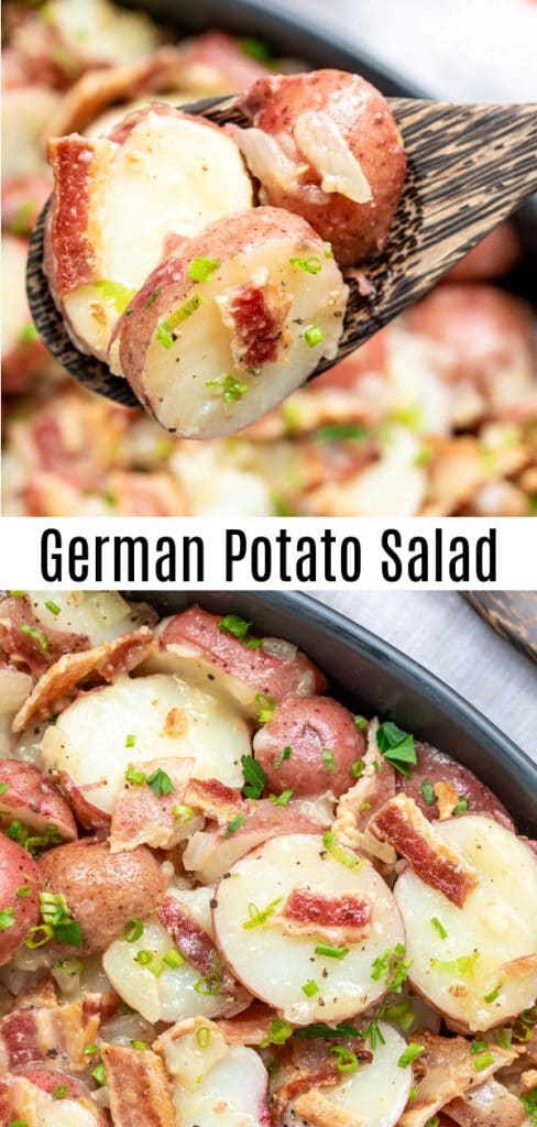 This traditional German Potato Salad is served hot, or warm, (you can serve it cold though!). It's an easy potato salad recipe made with vinegar, mustard, and with bacon. No mayonnaise. German potato salad is simple but delicious and it is great for a crowd. Make it as an Easter side dish for your Easter dinner, for a potluck, or summer party. #potatoes #potatosalad #bacon #easter #potluckrecipes #homemadeinterest