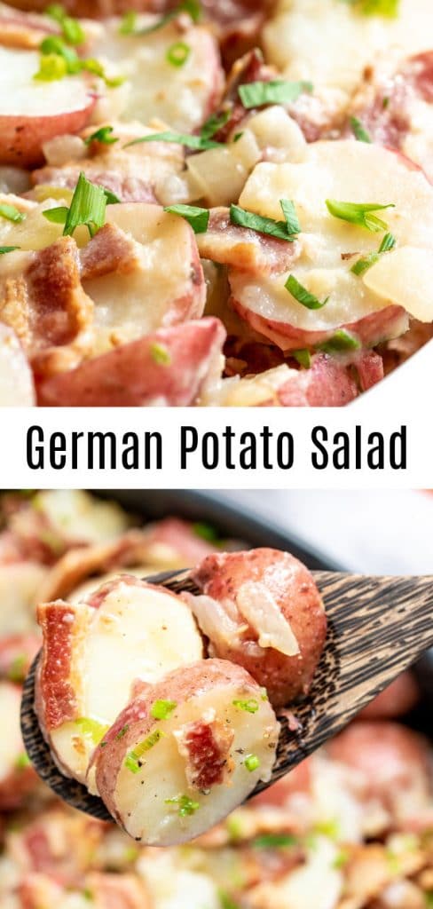 This traditional German Potato Salad is served hot, or warm, (you can serve it cold though!). It's an easy potato salad recipe made with vinegar, mustard, and with bacon. No mayonnaise. German potato salad is simple but delicious and it is great for a crowd. Make it as an Easter side dish for your Easter dinner, for a potluck, or summer party. #potatoes #potatosalad #bacon #easter #potluckrecipes #homemadeinterest