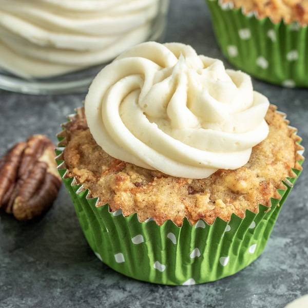 keto carrot cake cupcake with sugar free cream cheese frosting