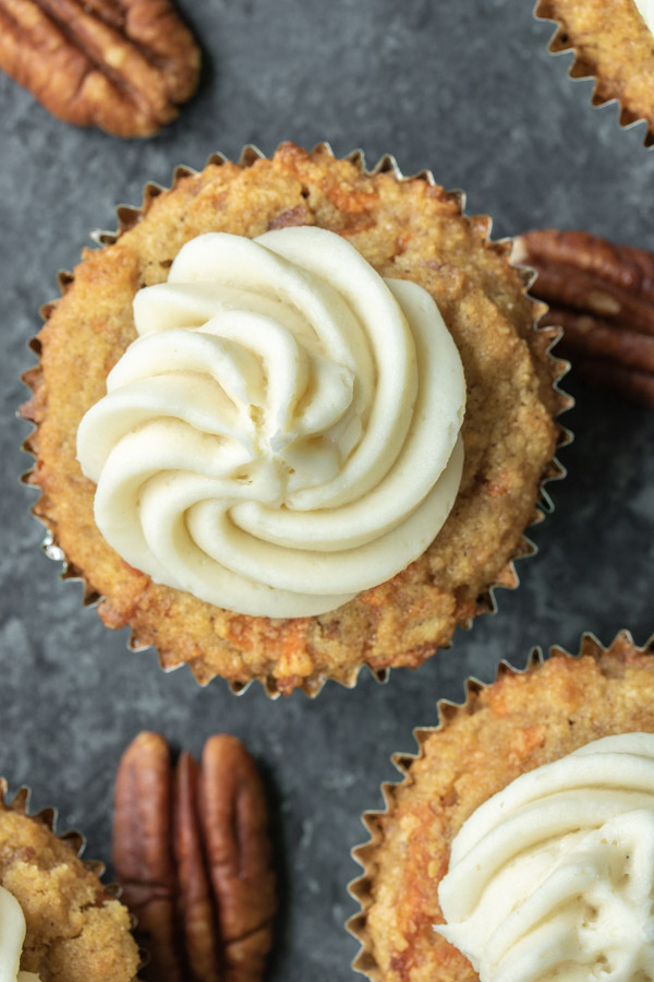 low carb carrot cake cupcake with Keto Cream Cheese Frosting