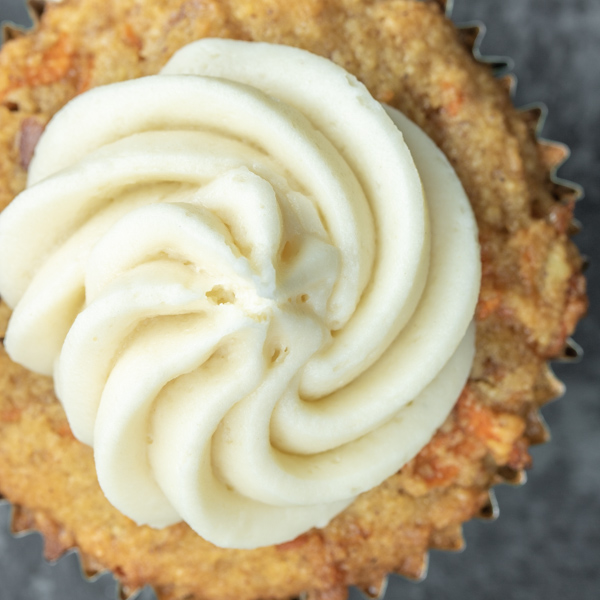 keto carrot cake cupcake with Keto Cream Cheese Frosting