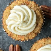 keto carrot cake cupcake with Keto Cream Cheese Frosting