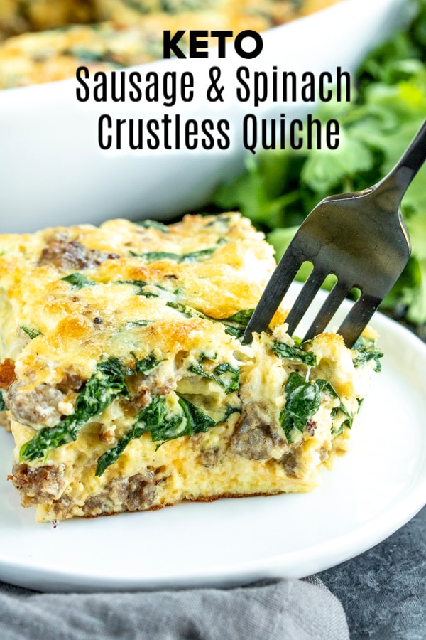 This Sausage and Spinach Crustless Quiche is an easy low carb (keto) breakfast or brunch recipe loaded with eggs, sausage, cheese, and spinach. It's a keto breakfast casserole that you can make ahead of time and eat for breakfast, lunch, or dinner. It makes a great addition to the Easter brunch, Mother's Day brunch, or just a Sunday family breakfast. #breakfast #brunch #eggs #casserole #quiche #lowcarb #keto #lowcarbdiet #ketorecipes #homemadeinterest