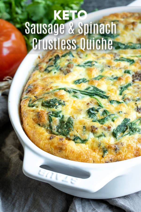 This Sausage and Spinach Crustless Quiche is an easy low carb (keto) breakfast or brunch recipe loaded with eggs, sausage, cheese, and spinach. It's a keto breakfast casserole that you can make ahead of time and eat for breakfast, lunch, or dinner. It makes a great addition to the Easter brunch, Mother's Day brunch, or just a Sunday family breakfast. #breakfast #brunch #eggs #casserole #quiche #lowcarb #keto #lowcarbdiet #ketorecipes #homemadeinterest