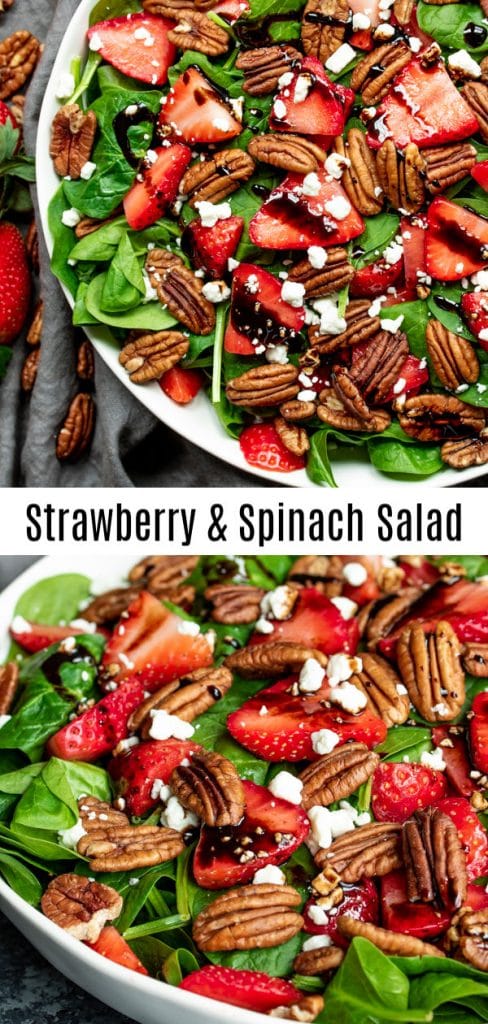 This beautiful Strawberry Spinach Salad is tossed with balsamic vinegar dressing for a healthy summer salad. This is an easy salad recipe with fresh strawberries, baby spinach, pecans, and goat cheese. You can also substitute walnuts, almonds or candied pecans! Make this easy summer salad for Easter dinner, Mother's day brunch, Memorial Day, 4th of July, or Labor day picnics! #easter #mothersday #4thofjuly #healthy #salad #strawberries #homemadeinterest