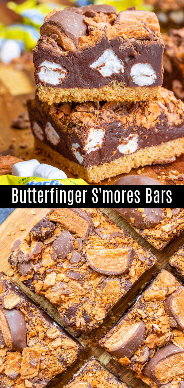 These easy Butterfinger S'mores Bars are semi-no bake s'mores with a golden graham cracker crust, a thick layer of marshmallow fudge, topped with crispety, crunchety, peanut-buttery Butterfinger Minis on top. It's a chocolate dessert bar perfect for summer parties, potlucks, or camping. It's the BEST s'mores recipe you'll ever make! #ad #smores #chocolate #grahamcracker #dessert #homemadeinterest