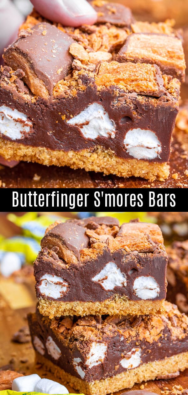 These easy Butterfinger S'mores Bars are semi-no bake s'mores with a golden graham cracker crust, a thick layer of marshmallow fudge, topped with crispety, crunchety, peanut-buttery Butterfinger Minis on top. It's a chocolate dessert bar perfect for summer parties, potlucks, or camping. It's the BEST s'mores recipe you'll ever make! #ad #smores #chocolate #grahamcracker #dessert #homemadeinterest