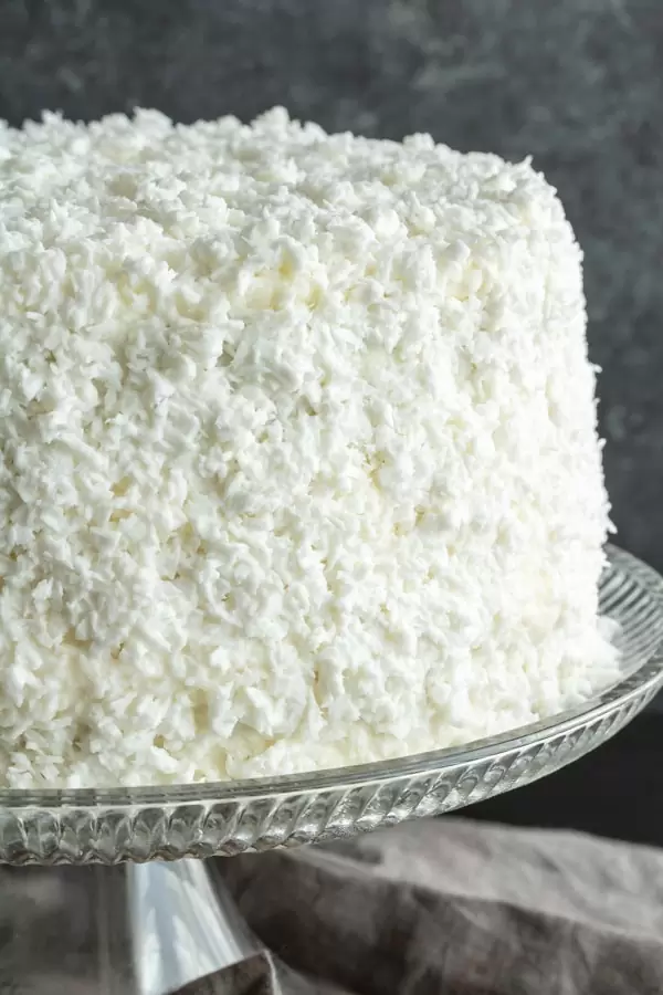 A beautiful coconut cake with fresh coconut on the outside
