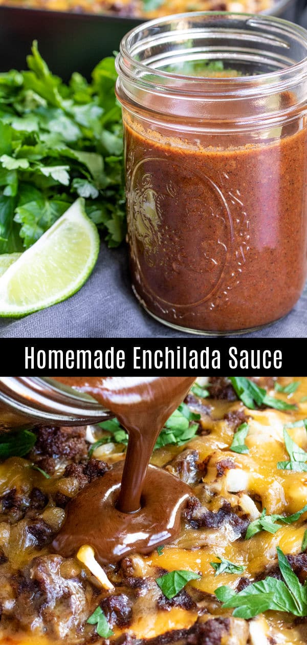 This easy recipe for homemade enchilada sauce makes an authentic Red Enchilada sauce with no tomatoes! This classic Mexican sauce is a mild red sauce made with bold Tex Mex flavor. We show you how to make red enchilada sauce from scratch. This simple sauce is great with chicken and beef and uses chili powder and broth to make the BEST Red Enchilada sauce for all of your favorite recipes. #sauce #texmex #enchiladas #fromscratch #homemadeinterest