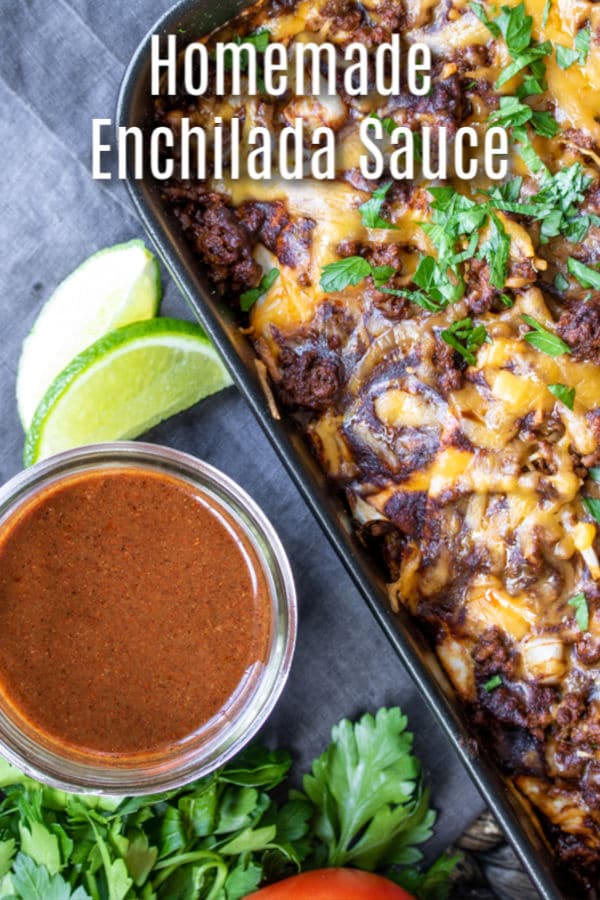 This easy recipe for homemade enchilada sauce makes an authentic Red Enchilada sauce with no tomatoes! This classic Mexican sauce is a mild red sauce made with bold Tex Mex flavor. We show you how to make red enchilada sauce from scratch. This simple sauce is great with chicken and beef and uses chili powder and broth to make the BEST Red Enchilada sauce for all of your favorite recipes. #sauce #texmex #enchiladas #fromscratch #homemadeinterest