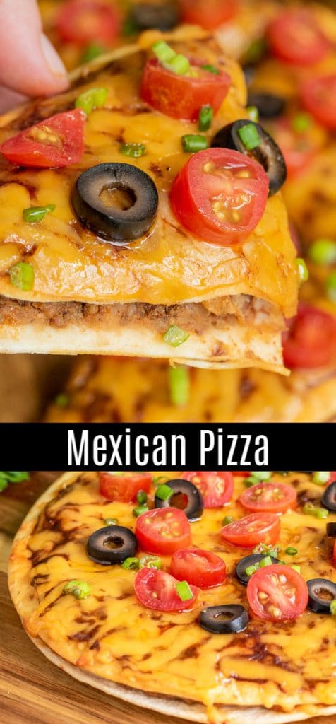 Celebrate Cinco de Mayo with a Mexican Pizza fiesta. This homemade Mexican Pizza is made with two crisp tortillas, refried beans, and seasoned ground beef, topped with sauce, cheese and baked until crisp, and topped with your favorite fresh toppings. It is an easy lunch or dinner recipe that is makes a great Cinco de Mayo recipe. AD #cincodemayo #groundbeef #pizza #mexicanfood #homemadeinterest