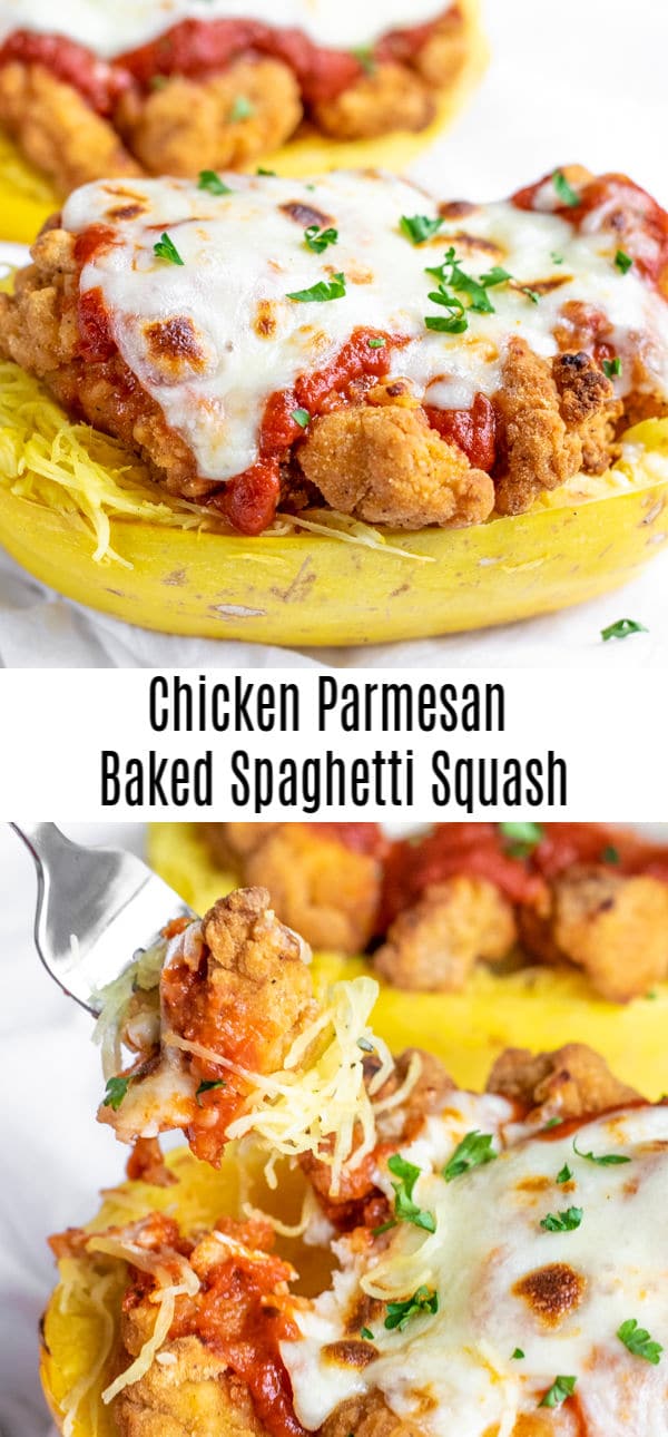 This easy recipe for Chicken Parmesan Roasted Spaghetti Squash teaches you everything you need to know about how to roast spaghetti squash in the oven. It's a whole spaghetti squash baked and then topped with chicken, pasta sauce, and melted mozzarella cheese. The BEST roasted spaghetti squash recipe out there! #spaghettisquash #squash #chicken #easydinner #homemadeinterest