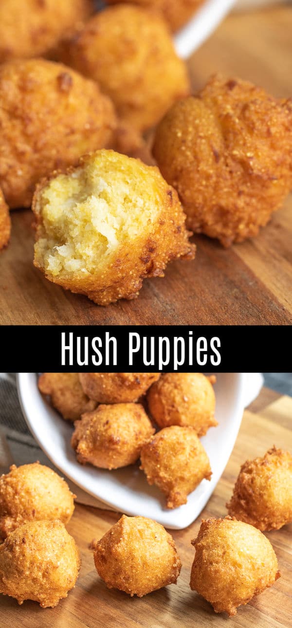This homemade Southern Hush Puppies recipe is made with cornmeal and onions that are fried until perfectly crispy. It's an easy southern recipe that is a classic side dish for a fish fry, or fried shrimp. It's the BEST hush puppies recipe you'll ever make! #corn #cornbread #hushpuppies #southerrecipe #homemadeinterest