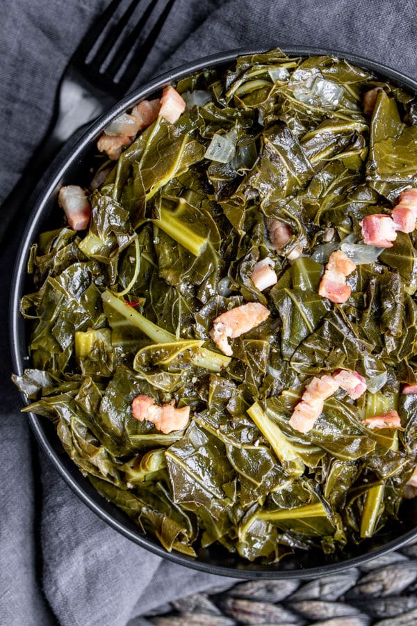 bowl of Instant Pot Turnip Greens made with bacon