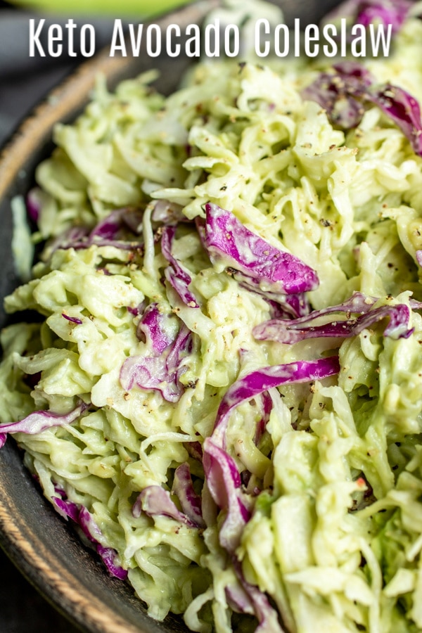 This delicious, creamy, Avocado Coleslaw uses no mayonnaise, and is a sugar-free, gluten-free, low carb, keto side dish that makes a great addition to summer parties. Sour cream and avocado give this keto coleslaw a creamy texture and it's become one of my favorite slaw recipes. It's a great keto or low carb side dish for summer bbq, potlucks, and family dinners. #avocado #potluck #ketorecipes #keto #lowcarb #lowcarbrecipes #homemadeinterest