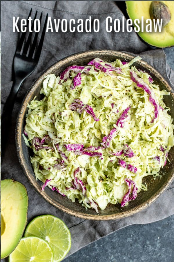 This delicious, creamy, Avocado Coleslaw uses no mayonnaise, and is a sugar-free, gluten-free, low carb, keto side dish that makes a great addition to summer parties. Sour cream and avocado give this keto coleslaw a creamy texture and it's become one of my favorite slaw recipes. It's a great keto or low carb side dish for summer bbq, potlucks, and family dinners. #avocado #potluck #ketorecipes #keto #lowcarb #lowcarbrecipes #homemadeinterest
