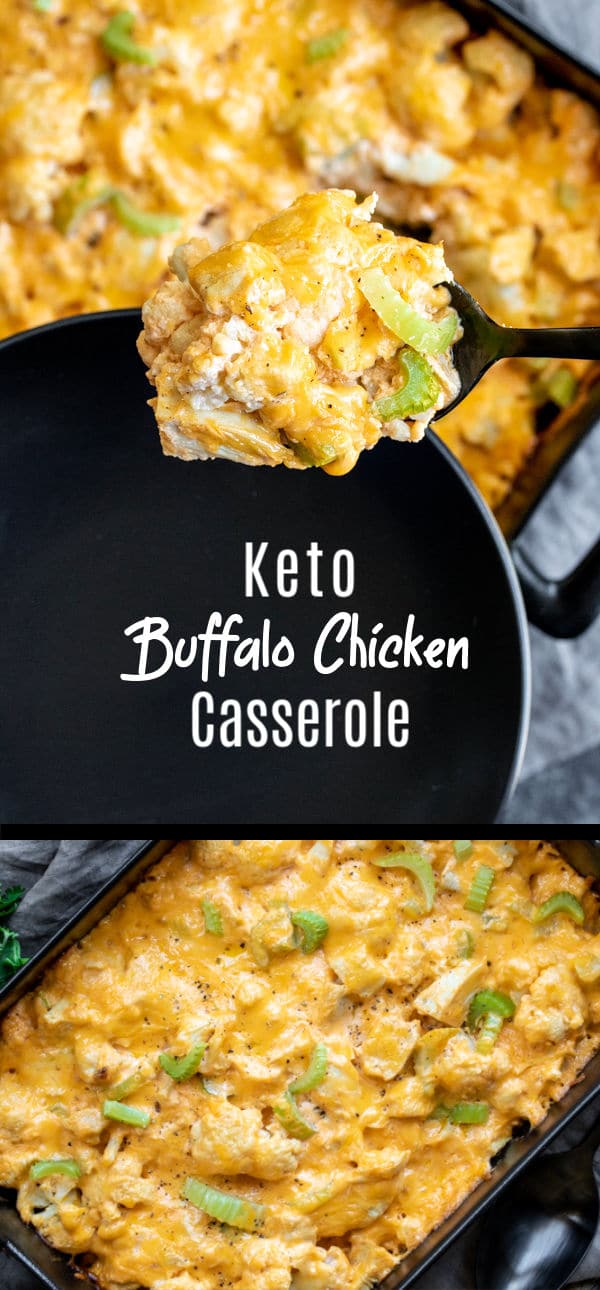 Keto Buffalo Chicken Cauliflower Casserole is a quick and easy low carb dinner recipe made with cauliflower, cream cheese, cheddar cheese, and spicy buffalo chicken. It's a creamy, loaded cauliflower casserole that is a healthy keto dinner. #buffalochicken #chicken #cauliflower #lowcarbrecipe #ketorecipe #casserole #homemadeinterest