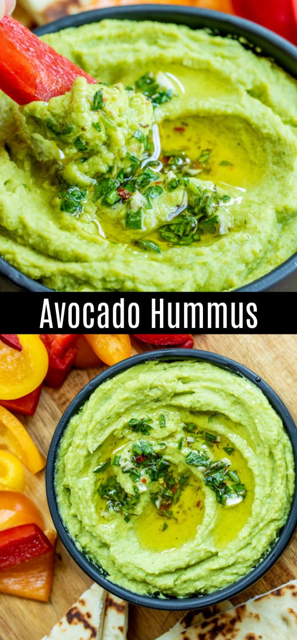 This delicious Avocado Hummus is a healthy hummus recipe made without tahini. It is an easy, vegan, gluten-free dip made with avocados and chickpeas, whipped into a smooth, creamy, spreadable dip. A simple dip that is a healthy appetizer for parties. #hummus #appetizer #dip #vegan #avocado #homemadeinterest