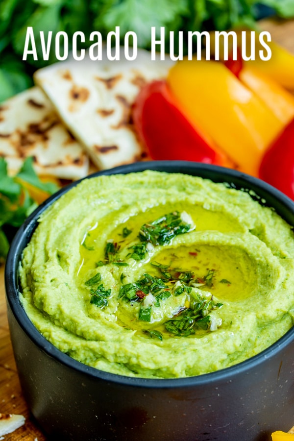 This delicious Avocado Hummus is a healthy hummus recipe made without tahini. It is an easy, vegan, gluten-free dip made with avocados and chickpeas, whipped into a smooth, creamy, spreadable dip. A simple dip that is a healthy appetizer for parties. #hummus #appetizer #dip #vegan #avocado #homemadeinterest