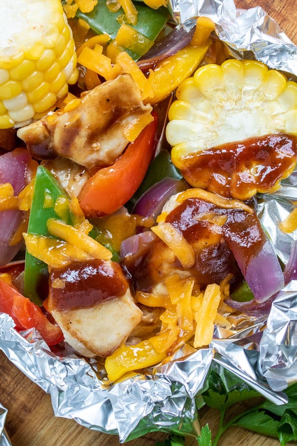 BBQ Chicken Foil Packets with chicken and peppers