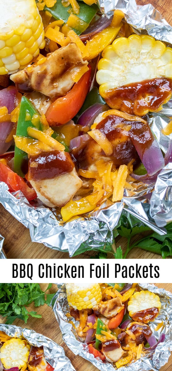 These easy Cheddar BBQ Foil Packet Meals (hobo dinners) are the perfect camping recipe and they can also be cooked on the grill or in the oven. BBQ sauce, chicken and veggies and a little cheese cooked in a simple foil packet makes a great summer dinner ! #chicken #foilpacket #hobodinner #bbqsauce