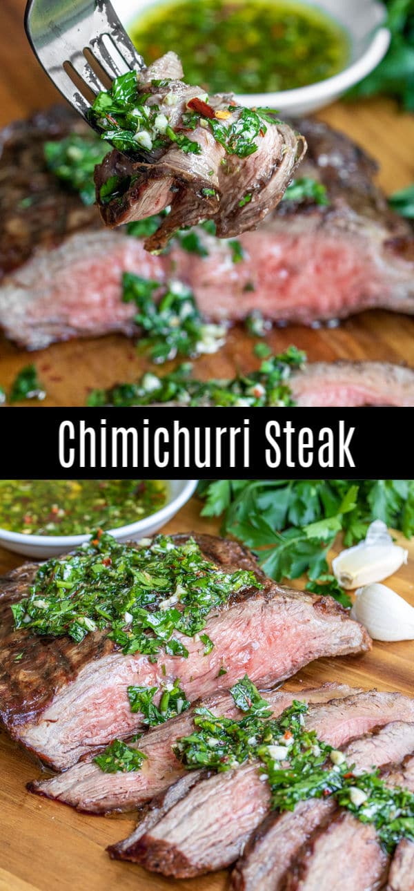 Chimichurri Steak is delicious combination of grilled flank steak and simple chimichurri sauce. It is a great summer grilling recipe for family dinners and 4th of July parties! We'll show you how to cook flank steak or skirt steak, how to cut it so the steak is tender, and then top it with chimichurri sauce for the perfect steak! #grilled #steak #summer #4thofjuly #homemadeinterest