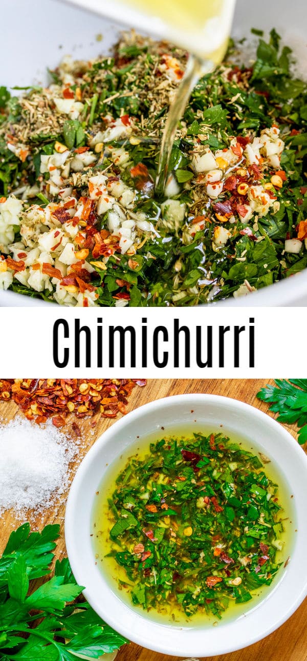 This easy Chimichurri Sauce recipe is a traditional recipe that comes from Argentina and is the perfect condiment for grilled steak, chicken, fish...it has so many uses! This healthy blend of fresh herbs, spices, olive oil, and vinegar, is the perfect addition to summer grilling. Add you own twist using cilantro, red onions, peppers, etc. #chimichurri #grilling #steak #parsley #garlic #homemadeinterest