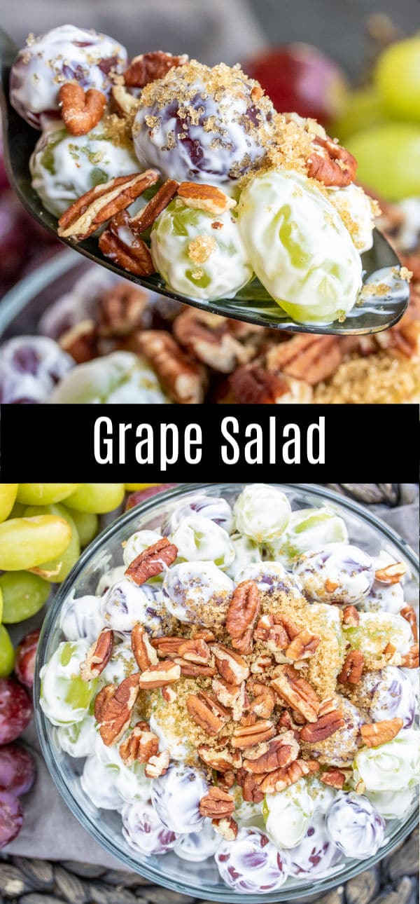 This Easy Grape Salad recipe is a creamy fruit salad made with cream cheese and sour cream tossed with grapes, and topped with brown sugar and crunchy pecans. It's an easy Southern side dish that is perfect for summer parties, BBQs, and potlucks. This dessert salad can even be made with Butterfingers or Snickers! #fruitsalad #potluckrecipes #grapes #dessert #creamcheese #homemadeinterest