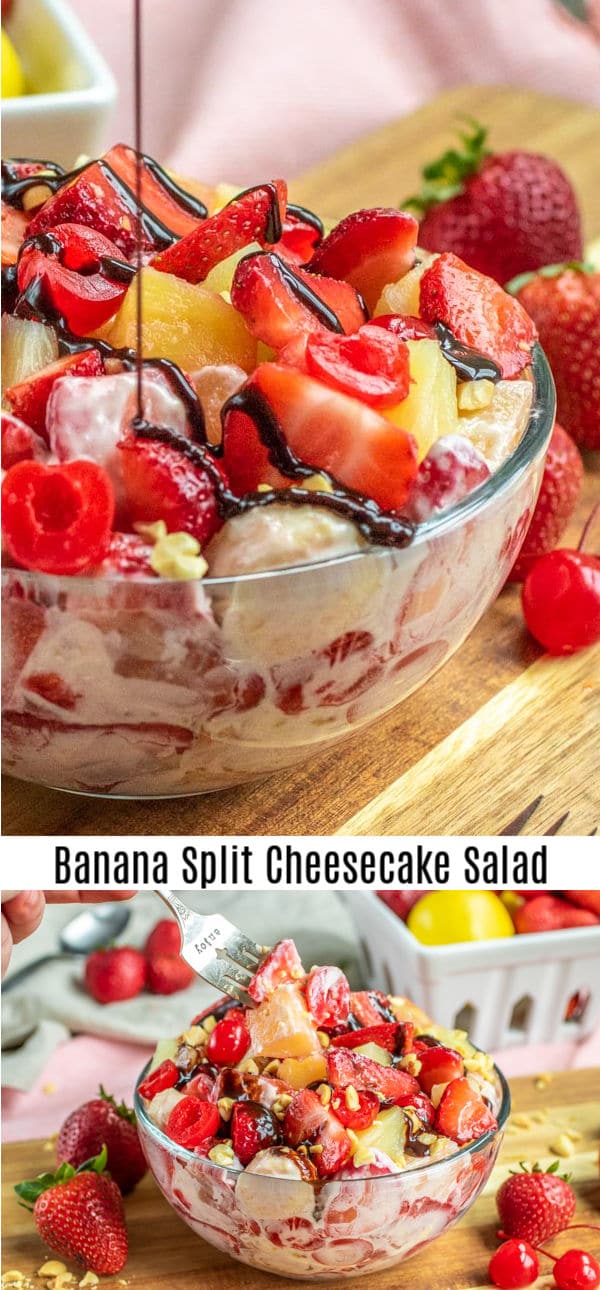 Banana Split Cheesecake Salad is an easy dessert salad recipe made with everything you love about a banana split. Sweet cherries, bananas, and nuts, is mixed with a cream cheese dressing and tossed together for the BEST summer dessert salad. The perfect dessert recipe for parties and potlucks! #banana #dessert #bananasplit #cheesecake #creamcheese #homemadeinterest