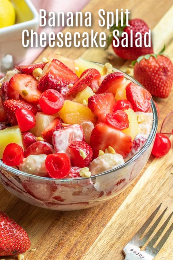 Banana Split Cheesecake Salad is an easy dessert salad recipe made with everything you love about a banana split. Sweet cherries, bananas, and nuts, is mixed with a cream cheese dressing and tossed together for the BEST summer dessert salad. The perfect dessert recipe for parties and potlucks! #banana #dessert #bananasplit #cheesecake #creamcheese #homemadeinterest