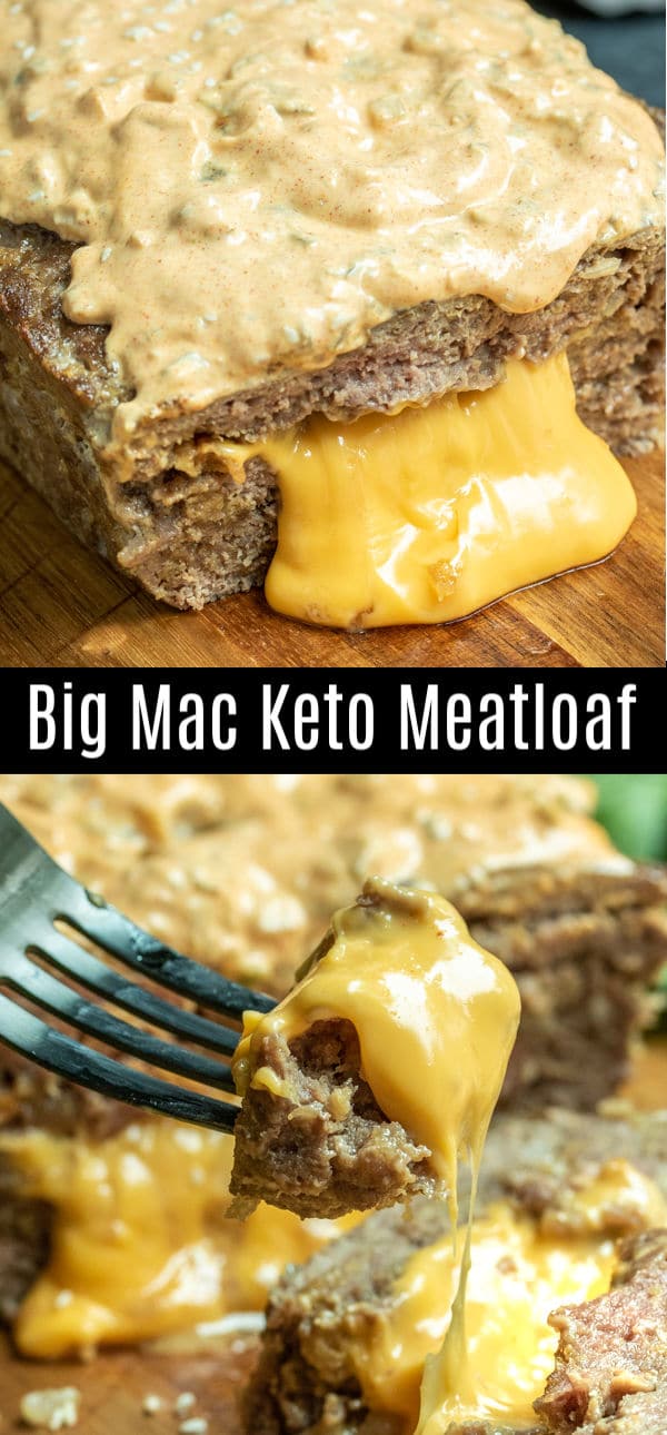 This delicious Big Mac Keto Meatloaf is made with pork rinds and ground beef, stuffed with cheese, and topped with Big Mac sauce for the best low carb meatloaf recipe EVER. This keto meatloaf is easy to make and deliciously cheesy. It's a great keto dinner recipe for the keto diet. #keto #lowcarb #ketodiet #lowcarbrecipes #meatloaf #cheese #bigmac #homemadeinterest