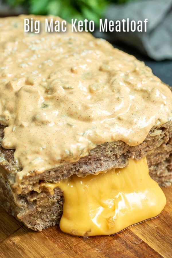 This delicious Big Mac Keto Meatloaf is made with pork rinds and ground beef, stuffed with cheese, and topped with Big Mac sauce for the best low carb meatloaf recipe EVER. This keto meatloaf is easy to make and deliciously cheesy. It's a great keto dinner recipe for the keto diet. #keto #lowcarb #ketodiet #lowcarbrecipes #meatloaf #cheese #bigmac #homemadeinterest