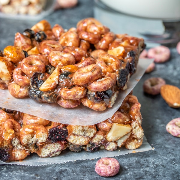 Blueberry Cheerios Breakfast Bars stacked together