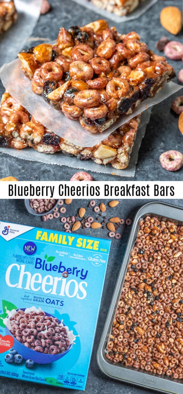 This easy breakfast bars recipe is a delicious start to your day. Blueberry Cheerios Breakfast Bars are made with cereal, dried blueberries, almond butter, chocolate chips, and honey. It's a delicious gluten-free, no bake breakfast or snack for kids and adults. AD #breakfast #cereal #blueberries #nobake #homemadeinterest