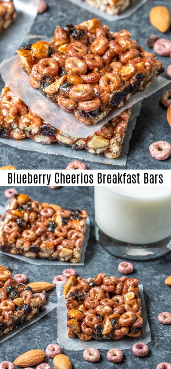 This easy breakfast bars recipe is a delicious start to your day. Blueberry Cheerios Breakfast Bars are made with cereal, dried blueberries, almond butter, chocolate chips, and honey. It's a delicious gluten-free, no bake breakfast or snack for kids and adults. AD #breakfast #cereal #blueberries #nobake #homemadeinterest