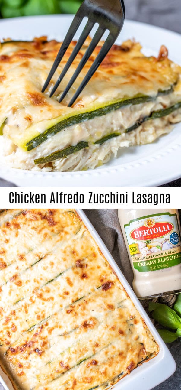 This easy Chicken Alfredo Zucchini Lasagna is a low carb, keto lasagna recipe with chicken and Bertolli Creamy Alfredo with Cauliflower & Milk sauce. Ricotta cheese, shredded chicken, and layers of zucchini noodles topped with creamy sauce and cheese make this a low carb casserole the whole family will love. #alfredosauce #zucchini #chicken #chickenalfredo #lowcarbrecipes #keto #ketodiet #homemadeinterest