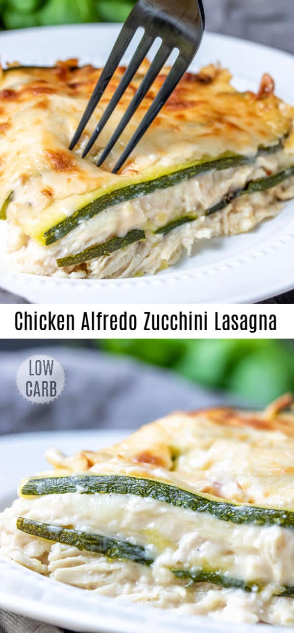 This easy Chicken Alfredo Zucchini Lasagna is a low carb, keto lasagna recipe with chicken and Bertolli Creamy Alfredo with Cauliflower & Milk sauce. Ricotta cheese, shredded chicken, and layers of zucchini noodles topped with creamy sauce and cheese make this a low carb casserole the whole family will love. #alfredosauce #zucchini #chicken #chickenalfredo #lowcarbrecipes #keto #ketodiet #homemadeinterest