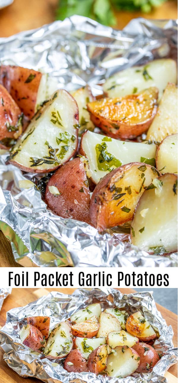 These easy Foil Packet Garlic Potatoes are cooked on the grill or in the oven with lots garlic and herbs for a perfectly tender roasted potatoes recipe packed with flavor. Make them as a side with your grilled steak or serve them along with roasted chicken for an easy grilled side dish. #homemadeinterest #potatoes #garlic #grilled #foilpacket