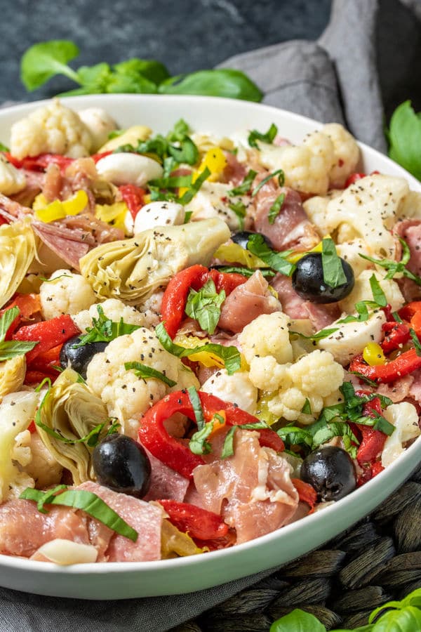 Keto Antipasto Salad made with roasted red peppers
