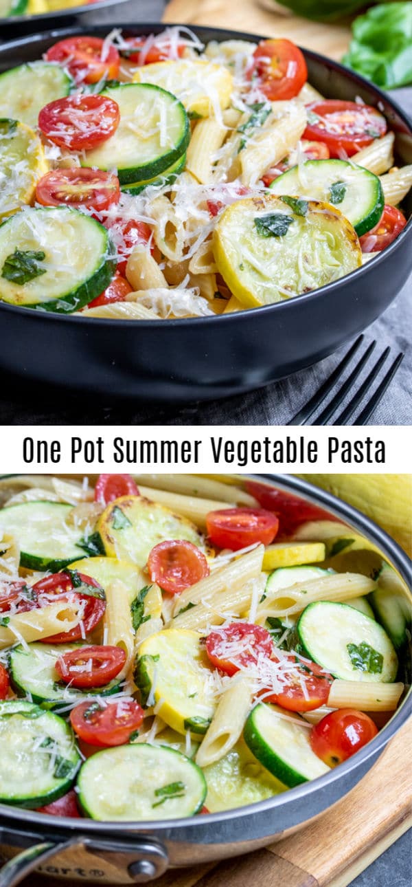 This One Pot Summer Vegetable Pasta is a healthy dinner that is a 30 minute meal. This vegetarian/vegan summer vegetable pasta is made with zucchini, yellow squash, and ripe tomatoes, all tossed in a homemade Italian vinaigrette. It's an easy weeknight dinner recipes that the whole family will love. #zucchini #squash #pasta #vegetable #homemadeinterest