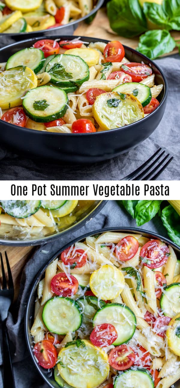 This One Pot Summer Vegetable Pasta is a healthy dinner that is a 30 minute meal. This vegetarian/vegan summer vegetable pasta is made with zucchini, yellow squash, and ripe tomatoes, all tossed in a homemade Italian vinaigrette. It's an easy weeknight dinner recipes that the whole family will love. #zucchini #squash #pasta #vegetable #homemadeinterest