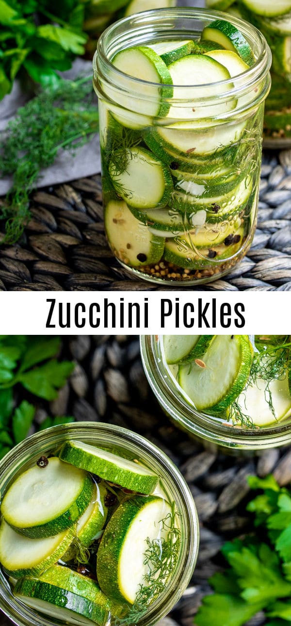 Refrigerator Zucchini Pickles are a simple pickled vegetable recipe that is the perfect way to use up that summer zucchini. No sugar added so they make a great keto snack! We'll show you how to make zucchini pickles with fresh zucchini instead of cucumbers and mixed with fresh garlic, dill, and spices to make a delicious dill brine. A quick and easy pickled vegetable recipe made in mason jars! #zucchini #pickles #brine #dill #homemadeinterest
