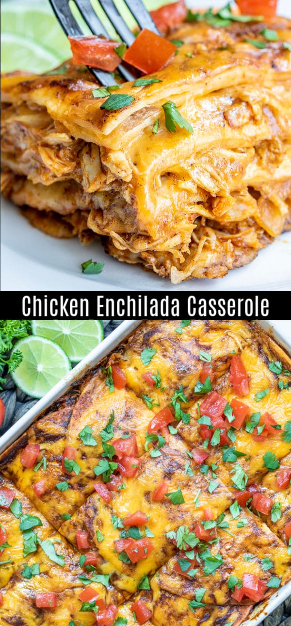 This easy Chicken Enchilada Casserole is made with red sauce, chicken, and flour tortillas, layered together with perfectly melted cheese for a delicious comfort food casserole that everyone will love. Use rotisserie chicken for the shredded chicken to save time. It's the best cheesy enchilada casserole recipe ever. #casserole #enchilada #chicken #cheese #mexican #homemadeinterest